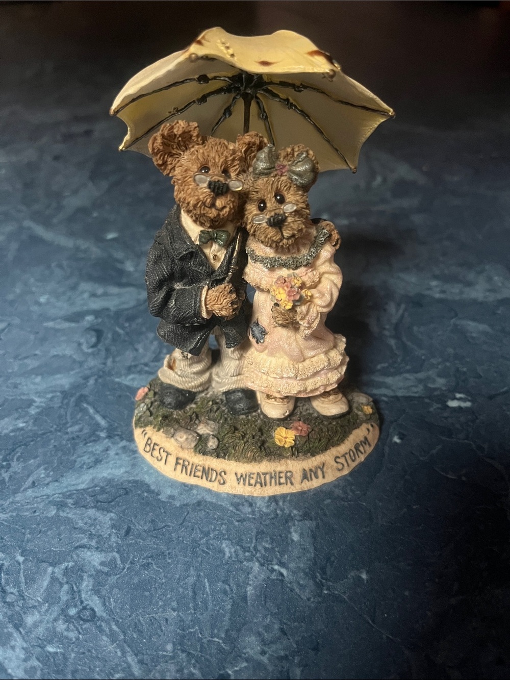 Boyds Bears Brown Couple Figurine with Yellow Umbrella and Pink Dress